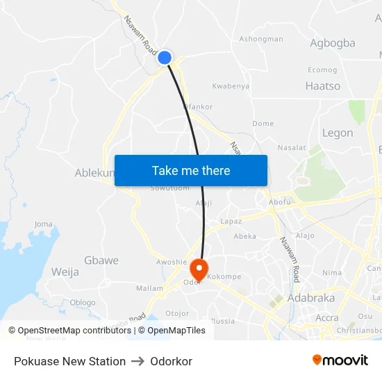 Pokuase New Station to Odorkor map