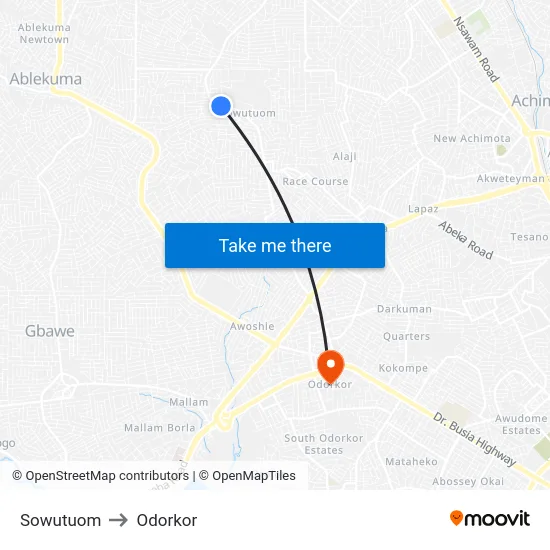 Sowutuom to Odorkor map