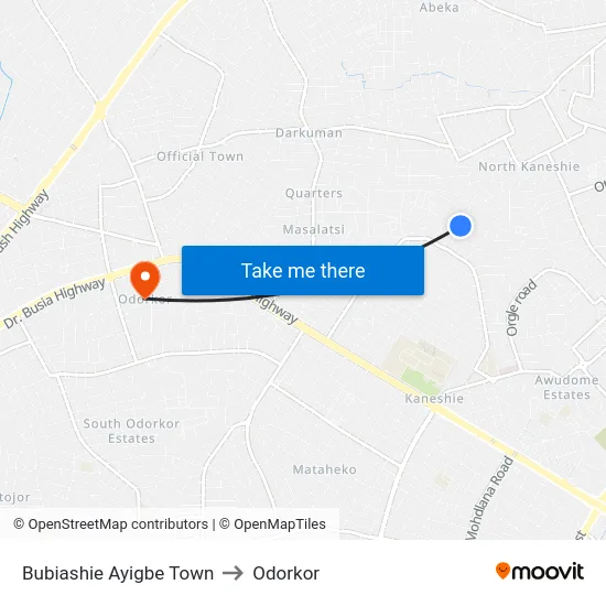 Bubiashie Ayigbe Town to Odorkor map