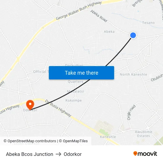 Abeka Bcos Junction to Odorkor map