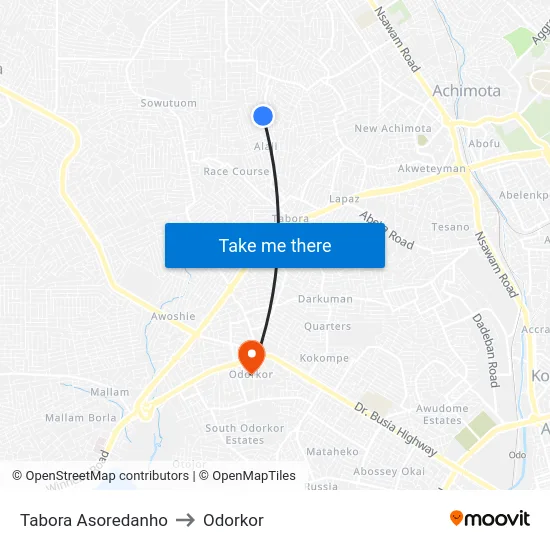 Tabora Asoredanho to Odorkor map