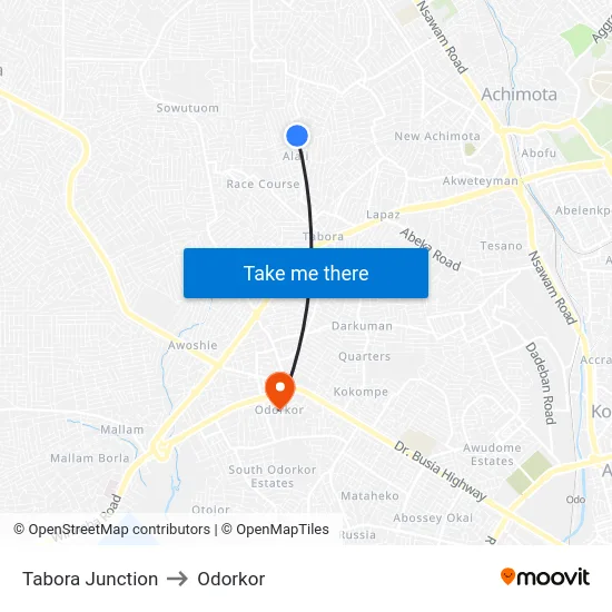 Tabora Junction to Odorkor map