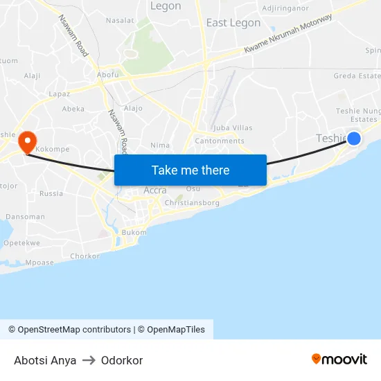 Abotsi Anya to Odorkor map
