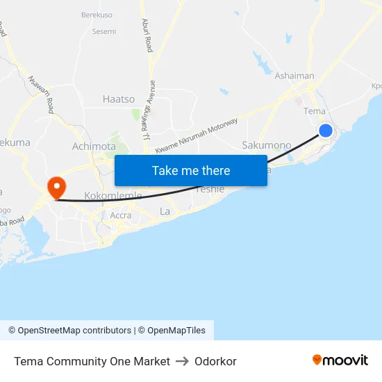 Tema Community One Market to Odorkor map