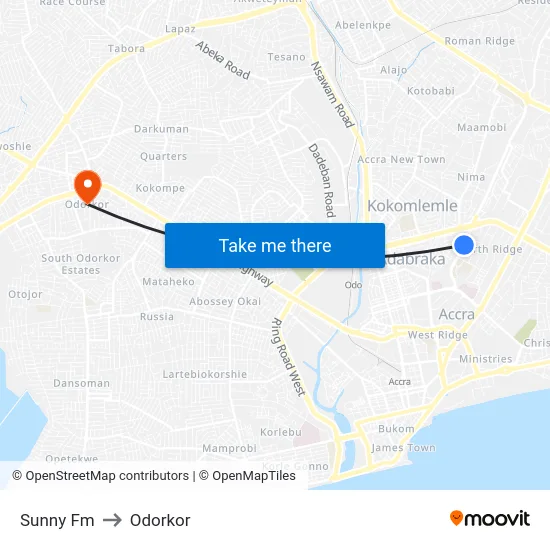 Sunny Fm to Odorkor map