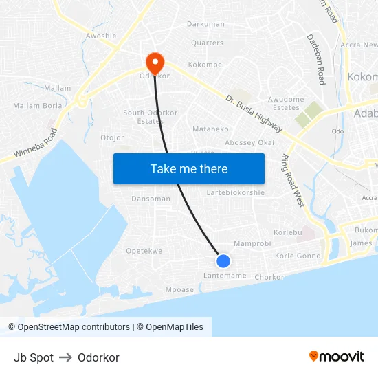 Jb Spot to Odorkor map