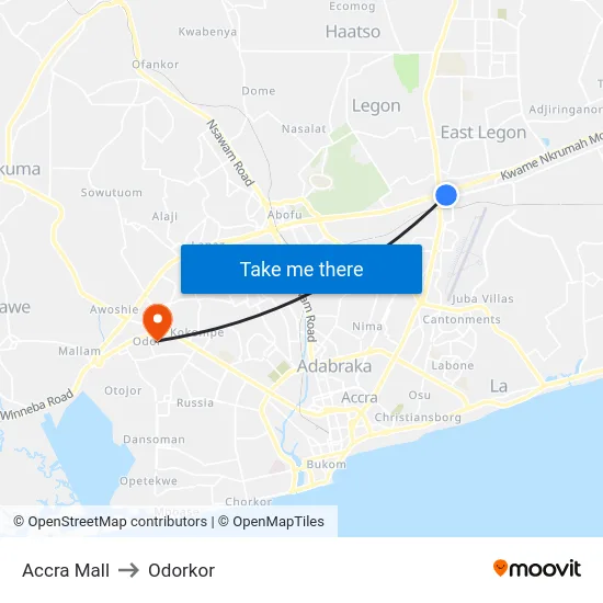 Accra Mall to Odorkor map