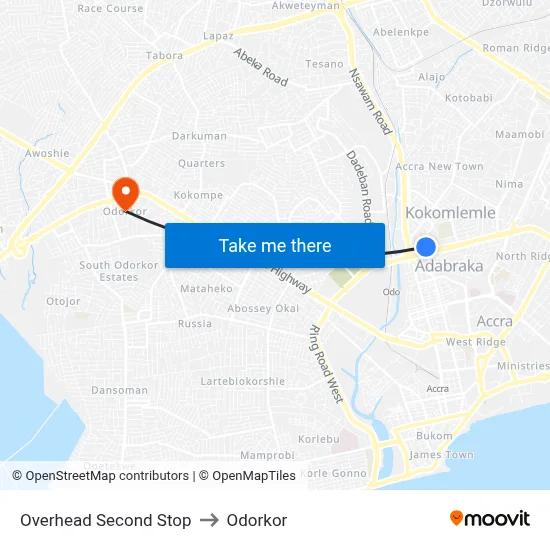 Overhead Second Stop to Odorkor map