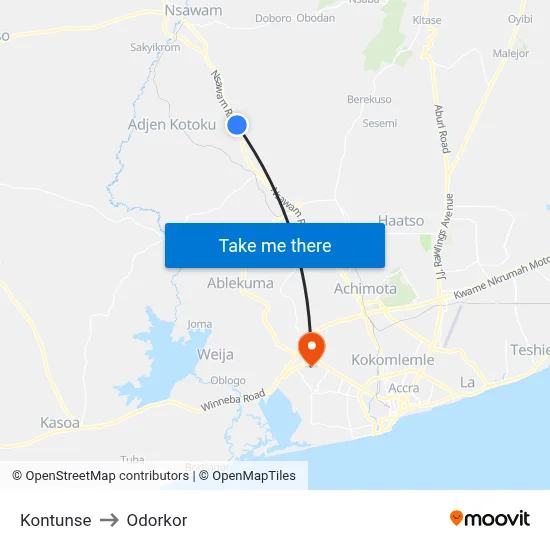 Kontunse to Odorkor map