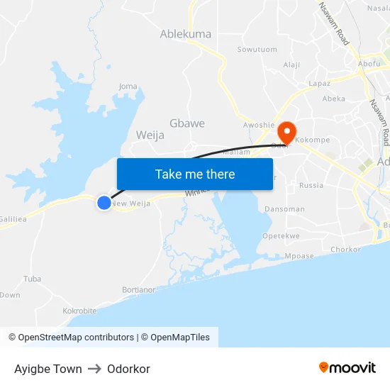 Ayigbe Town to Odorkor map