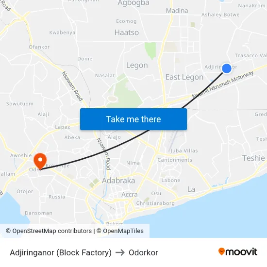 Adjiringanor (Block Factory) to Odorkor map