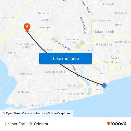 Ussher Fort to Odorkor map