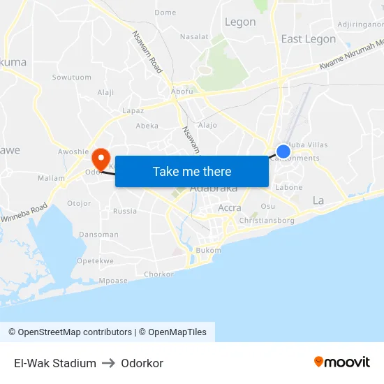 El-Wak Stadium to Odorkor map