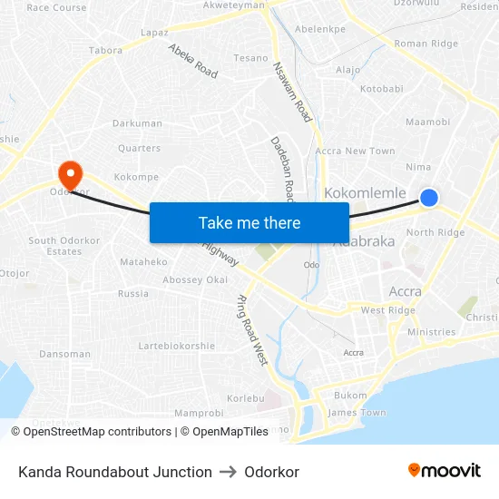 Kanda Roundabout Junction to Odorkor map
