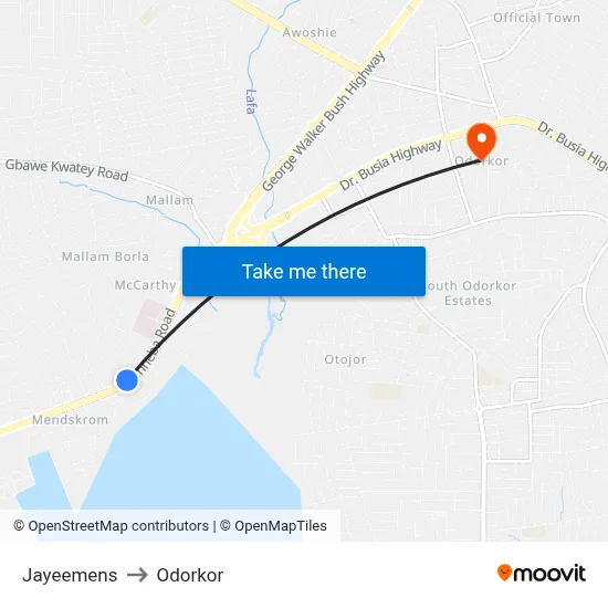 Jayeemens to Odorkor map