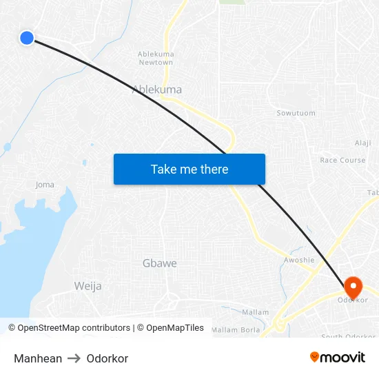 Manhean to Odorkor map