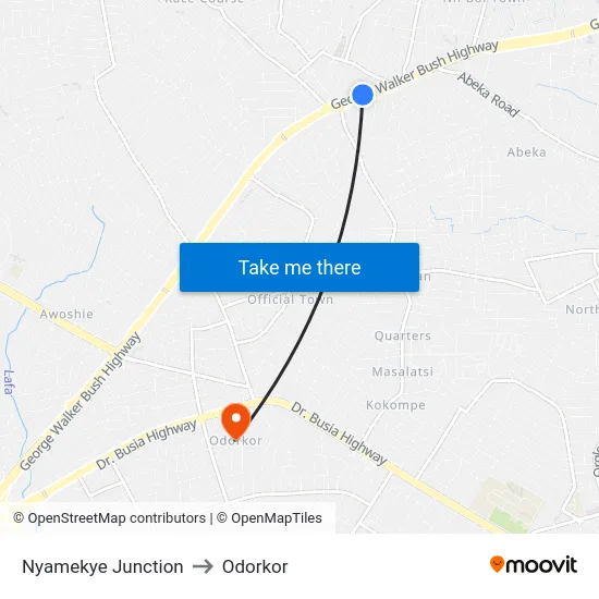 Nyamekye Junction to Odorkor map
