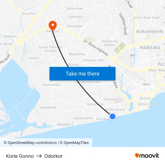 Korle Gonno to Odorkor map