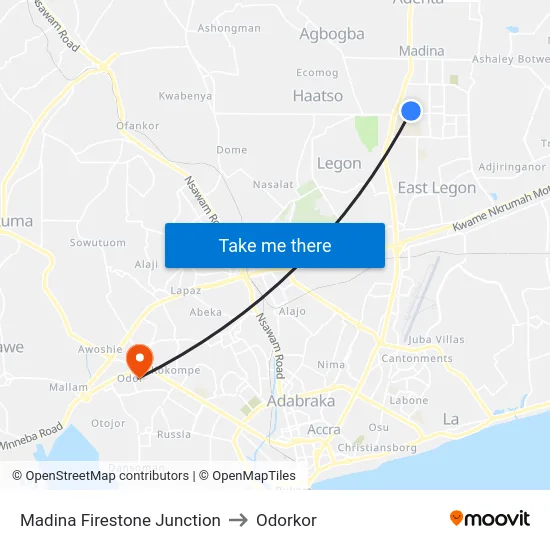 Madina Firestone Junction to Odorkor map