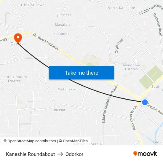 Kaneshie Roundabout to Odorkor map