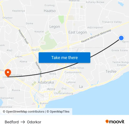 Bedford to Odorkor map