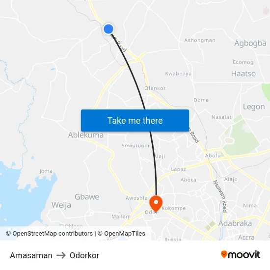Amasaman to Odorkor map