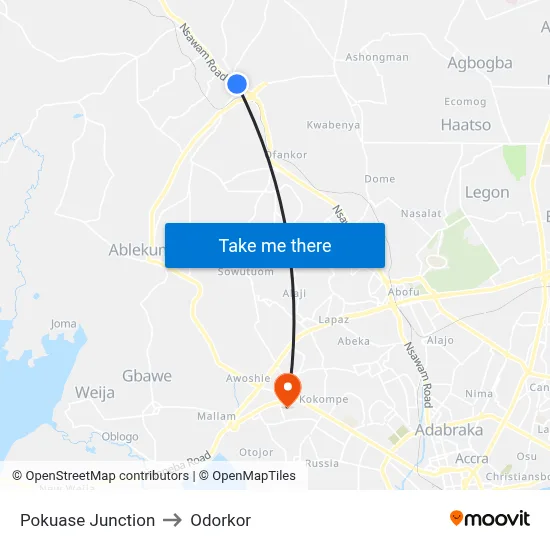 Pokuase Junction to Odorkor map