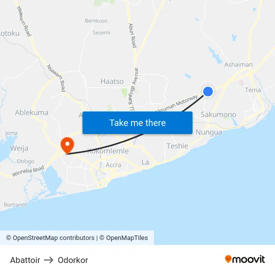 Abattoir to Odorkor map