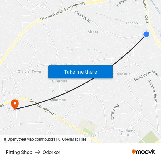 Fitting Shop to Odorkor map