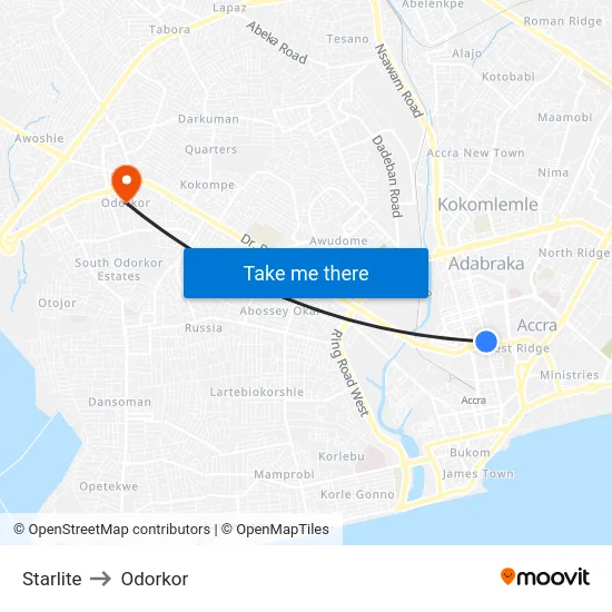 Starlite to Odorkor map