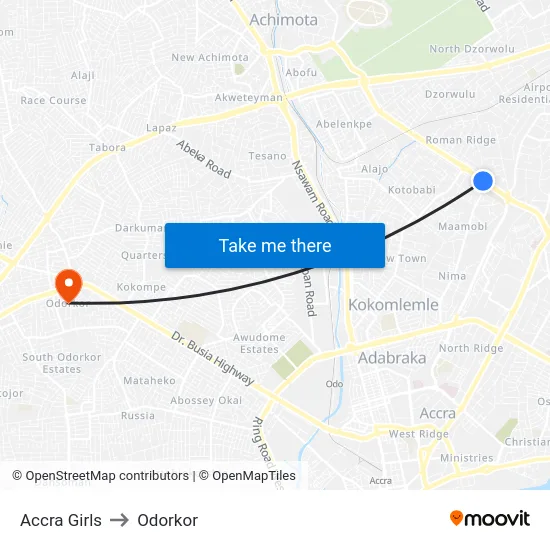 Accra Girls to Odorkor map