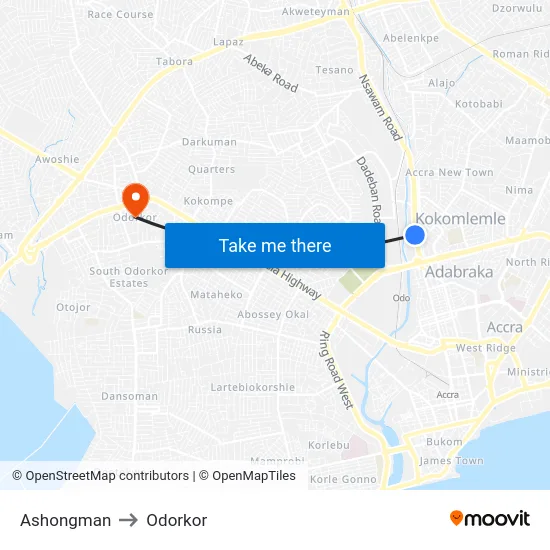 Ashongman to Odorkor map