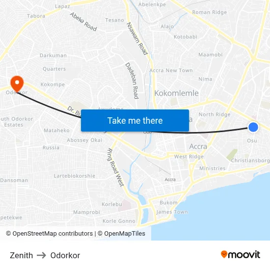 Zenith to Odorkor map