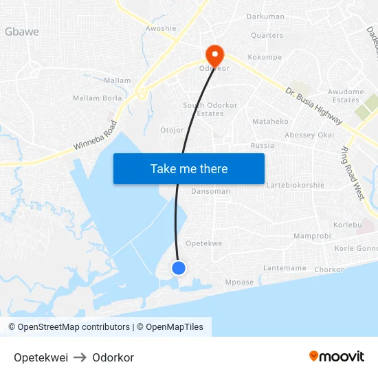 Opetekwei to Odorkor map