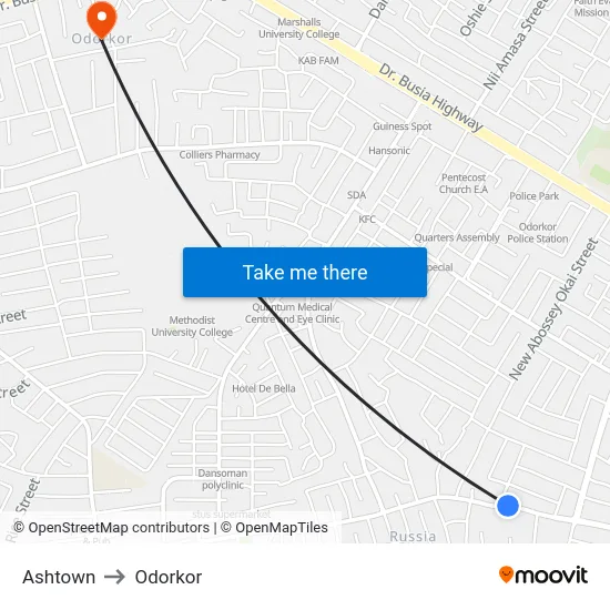 Ashtown to Odorkor map
