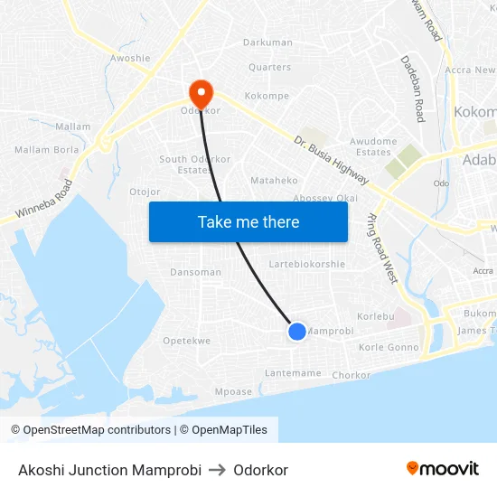 Akoshi Junction Mamprobi to Odorkor map