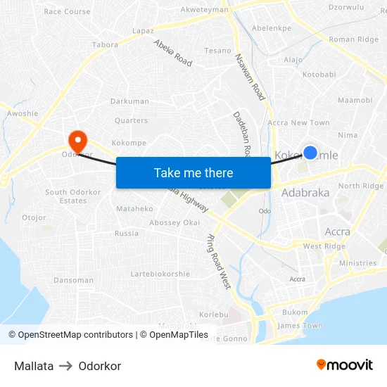 Mallata to Odorkor map