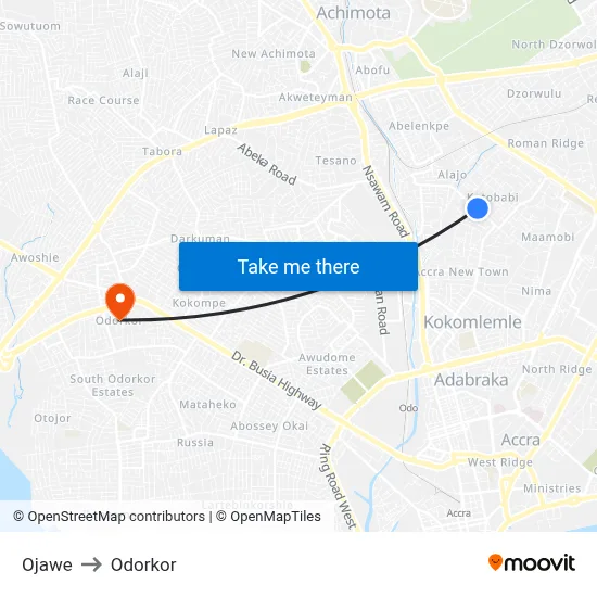 Ojawe to Odorkor map