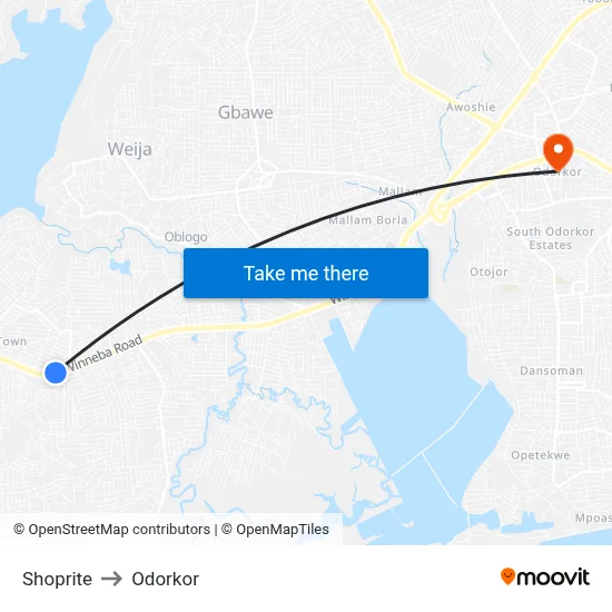 Shoprite to Odorkor map