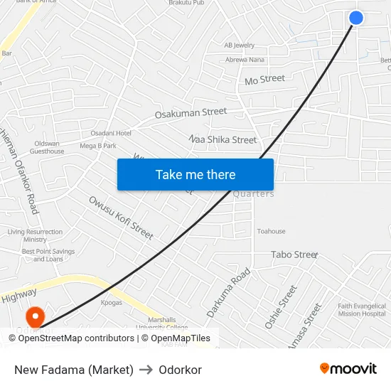 New Fadama (Market) to Odorkor map