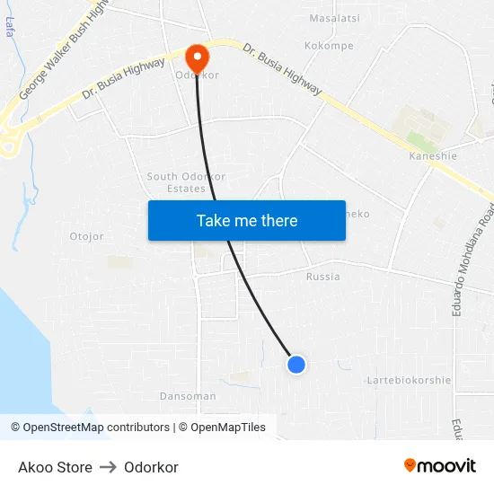 Akoo Store to Odorkor map