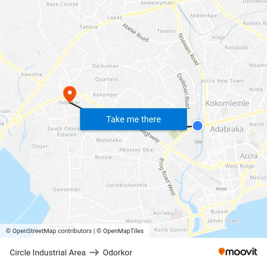 Circle Industrial Area to Odorkor map