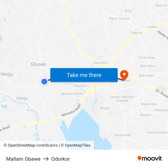 Mallam Gbawe to Odorkor map