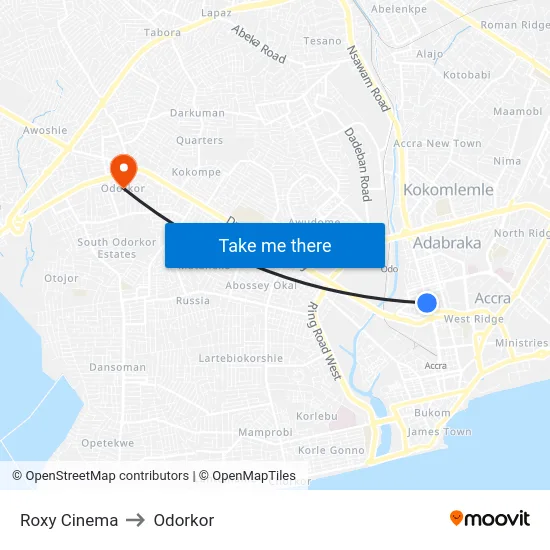 Roxy Cinema to Odorkor map