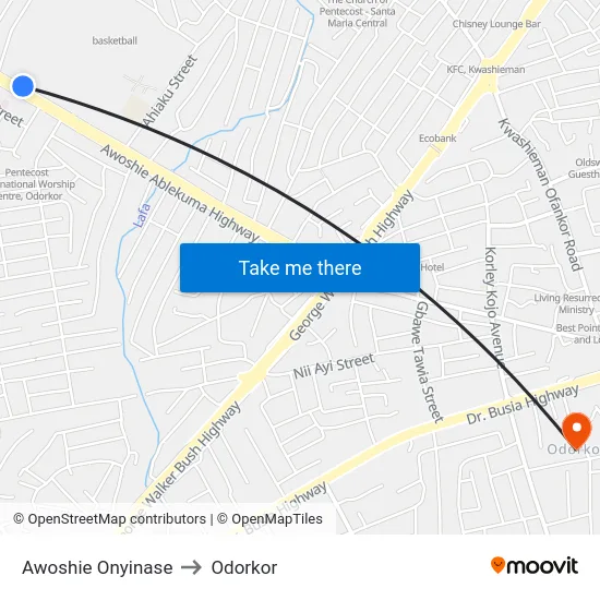 Awoshie Onyinase to Odorkor map
