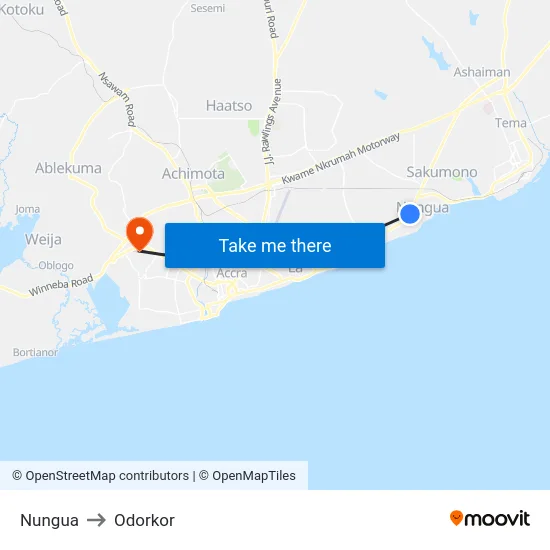 Nungua to Odorkor map