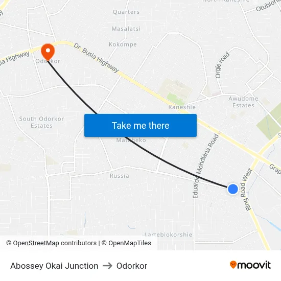 Abossey Okai Junction to Odorkor map