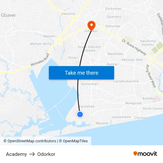 Academy to Odorkor map