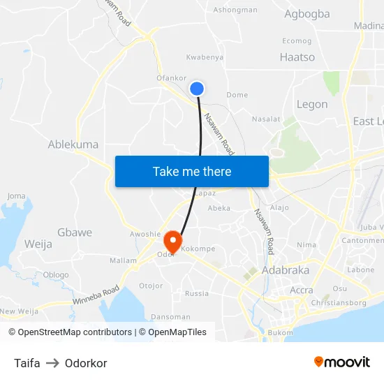 Taifa to Odorkor map