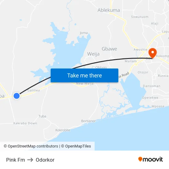 Pink Fm to Odorkor map